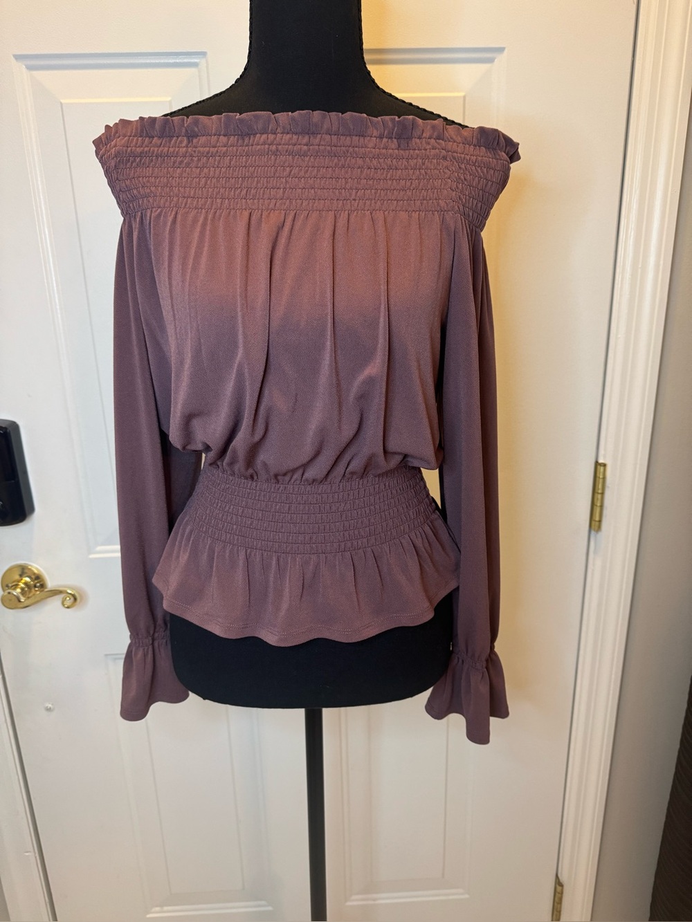 Express Off-Shoulder Smocked Peplum Blouse in Matte Bronze